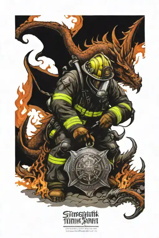 firefighter on one knee with his Helm and apparel facing fire dragon spirit, quote: strength and honor tattoo design idea