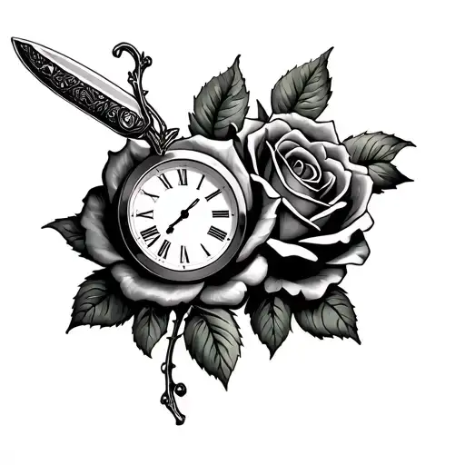 2 clocks rose knife tattoo design idea