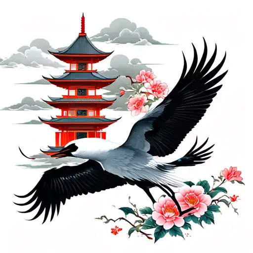 In the foreground are two cranes flying into the sky, on the rear red temple and flowers tattoo design idea