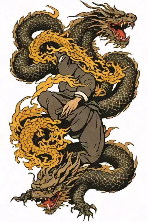 ronin and chiniese dragon flying tattoo design idea