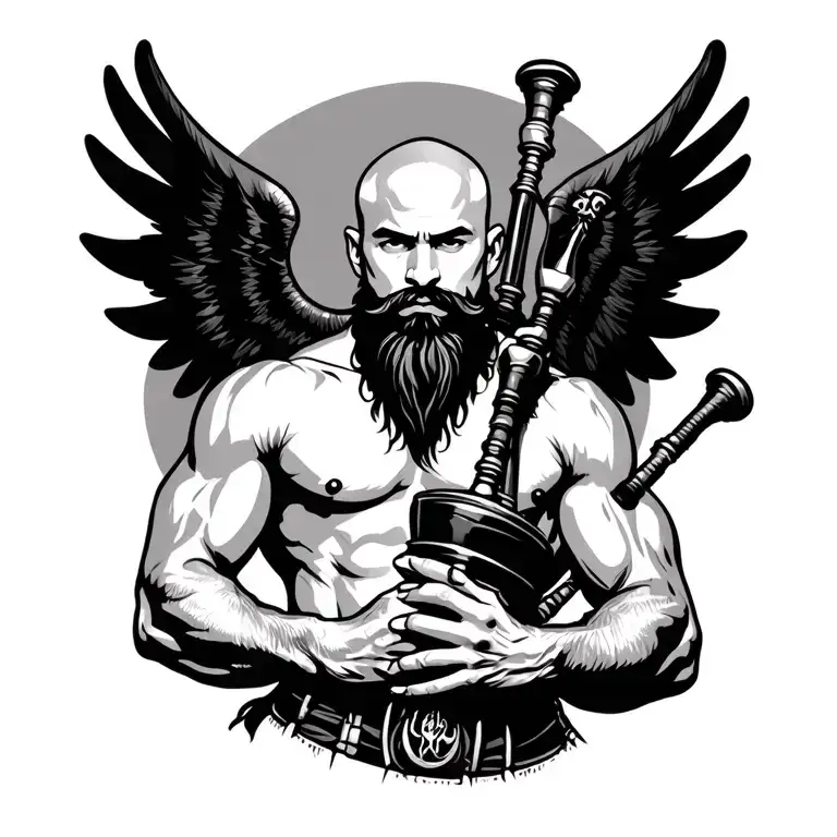 handsome scottish bagpiper bald black beard  muscular wearing pipes in arm big black wings shirtless tattoo tattoo design idea