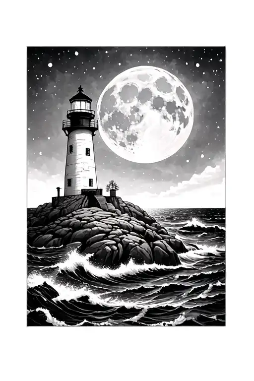 Lighthouse rocks sea full moon tattoo design idea