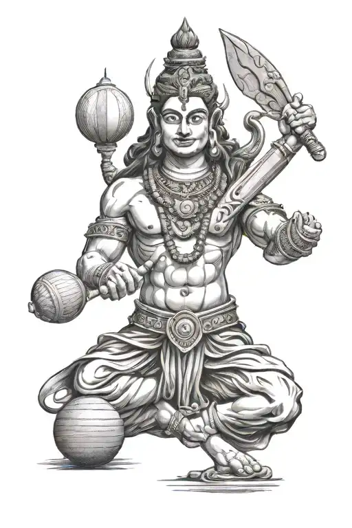 A detailed black and grey tattoo of a majestic Shiva statue with a cricket bat and ball at its feet, symbolizing the client's devotion to both cricket and their religion tattoo design idea