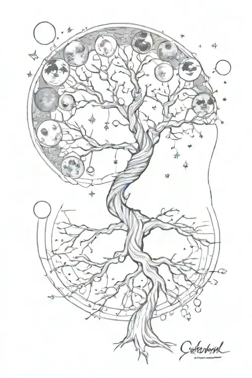 i want a tree with some dna designs on its roots and the phases of moon with celestial bodies and with some interesting  tattoo design idea