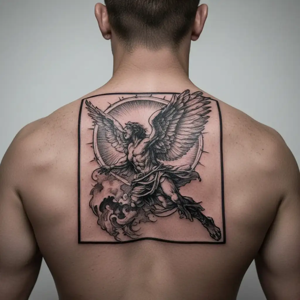 A tattoo of Icarus flying towards the sun, symbolizing the pursuit of happiness and the thrill of life tattoo design idea