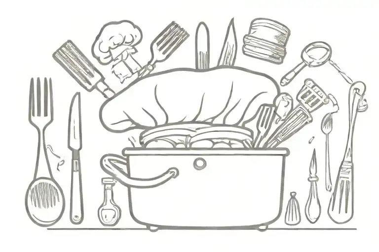 A tattoo design featuring a chef's hat surrounded by various cooking utensils like knives, spoons, and cooking pots tattoo design idea