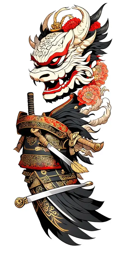 japanese demon mask samurai with sword tattoo design idea