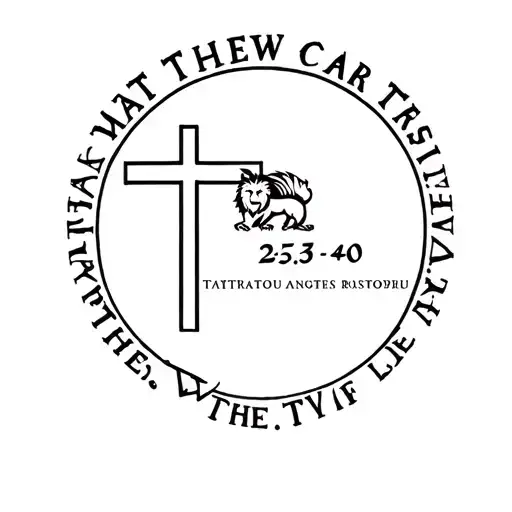 the words Matthew 25:35-40 circling a Christian cross with a lion beside the cross tattoo design idea