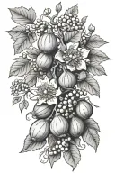 A floral bouquet of "fig tree with fruit", "vine with grapes" and "olive tree with fruit".  tattoo design idea
