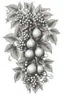 A floral bouquet of "fig tree with fruit", "vine with grapes" and "olive tree with fruit".  tattoo design idea
