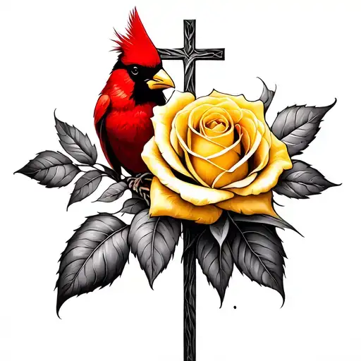 cardinal, cross, and yellow rose black ink  tattoo design idea