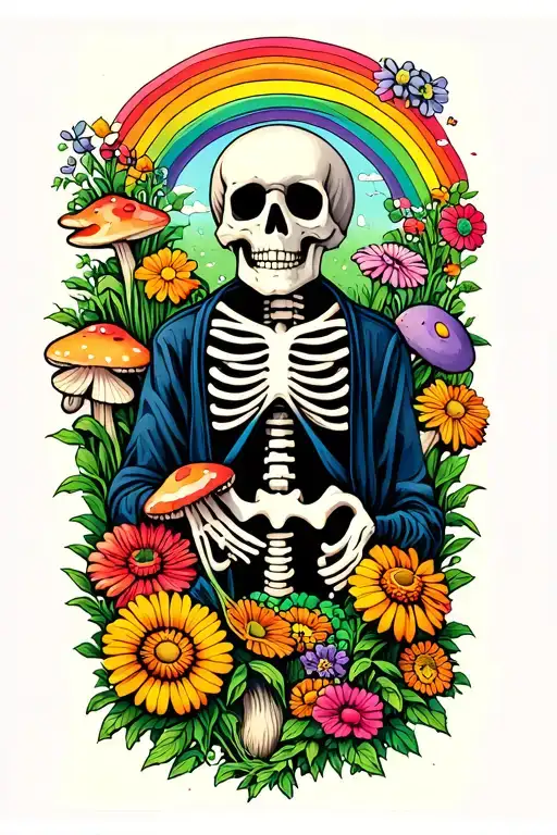 Skeleton gardener surrounded by flowers and mushrooms and rainbow tattoo design idea