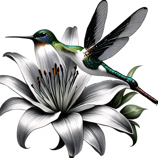 lily flower, hummingbird, dragonfly tattoo design idea