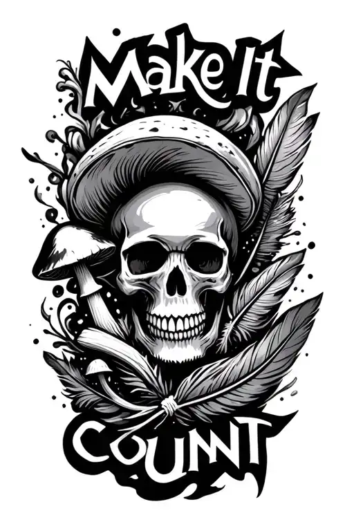 "make it count" skull surrounded by feather, mushroom, and smoke coming tattoo design idea