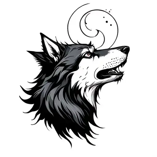 small howling wolf tattoo with a crescent moon surrounded tattoo design idea