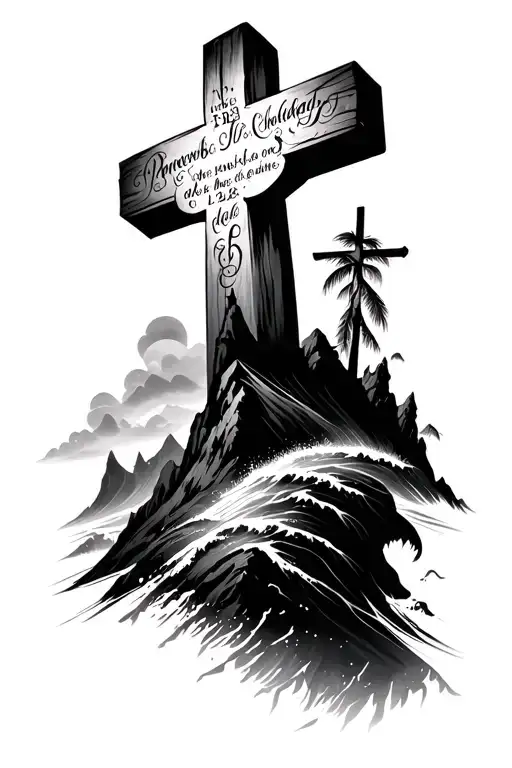 a cross on a mountain that has on ocean under it with proverbs 31:26 on one side of the cross and Philippines 1:3  tattoo design idea