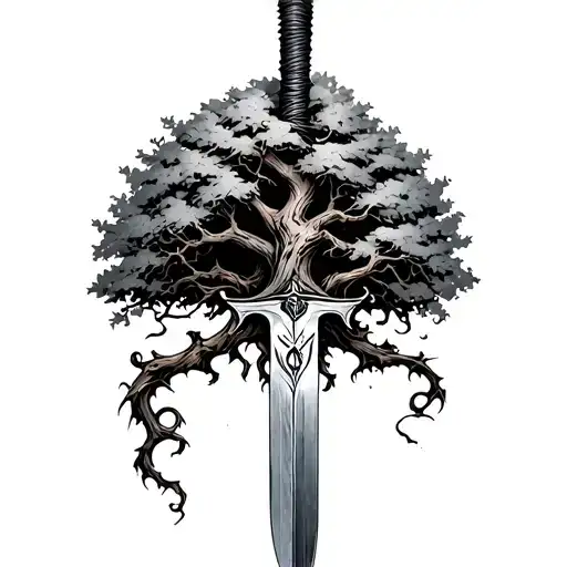 poison tree growing inside a sword with never give up on it  tattoo design idea