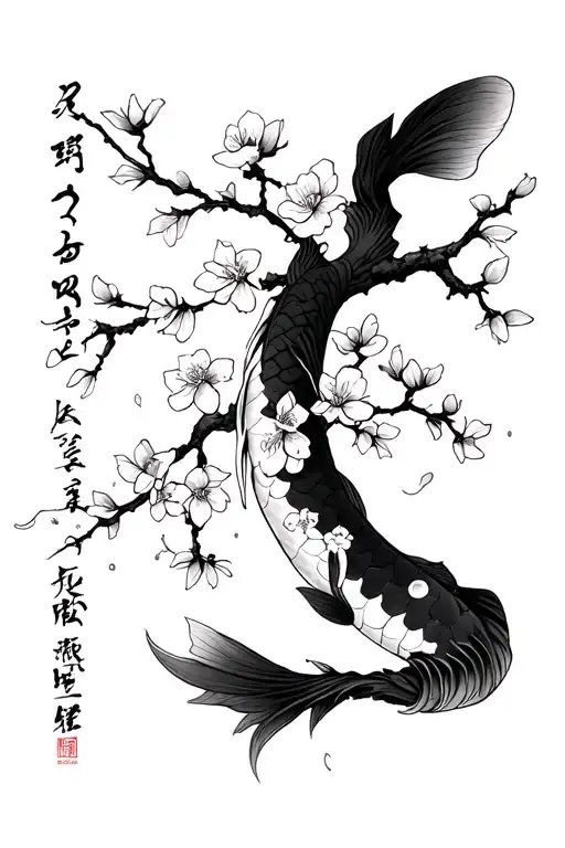 koi no yokan writing in japanese with cherry blossom tree with flowers blowing in the wind tattoo design idea