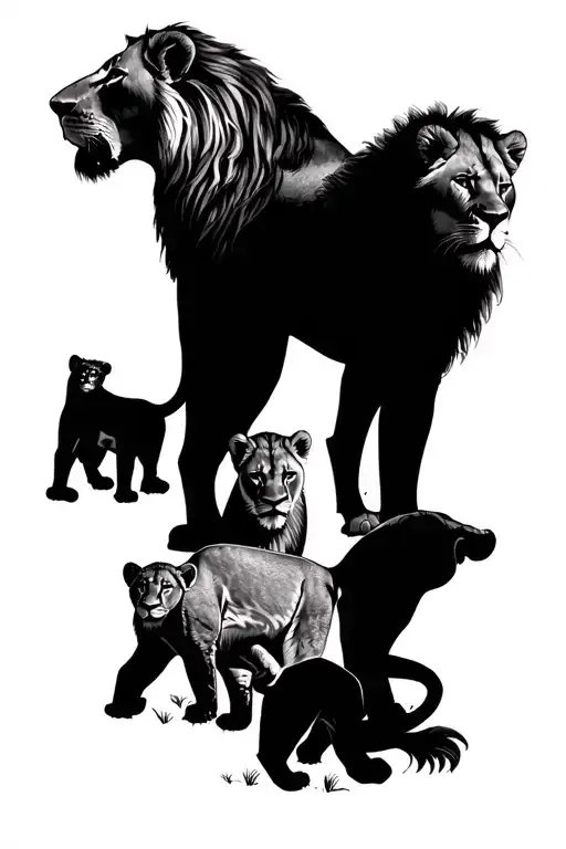 lion, lioness and 3 cubs tattoo design idea