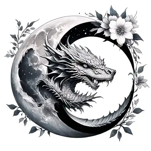 moon phases with flowers and dragons tattoo design idea