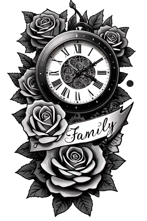 roses clock gears family text tattoo design idea
