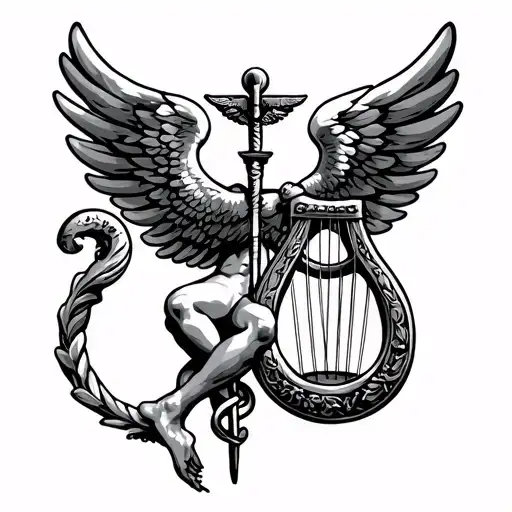 Hermes Greek God symbolism Caduceus, Winged Sandals, Petasos, Lyre tattoo design idea