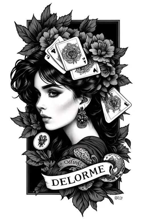my last name Delorme with followers and cards in the background tattoo design idea
