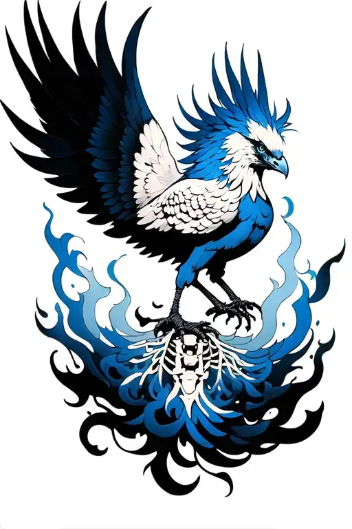 phoenix rising from the ashes with his spine in bones, feminine, only blue white and black color, wings to shoulders tattoo design idea