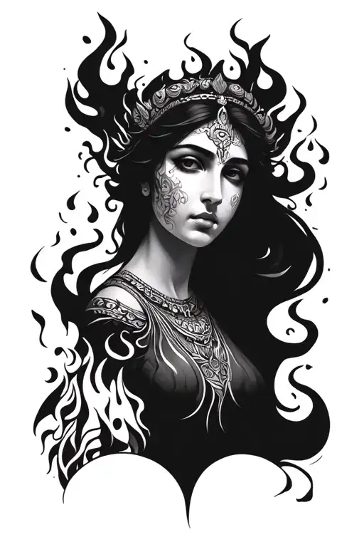 fire and woman face goddess tattoo design idea