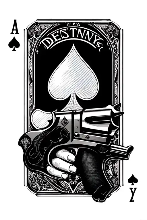 Destiny 2 ace suit playing cards with ace of spades hand cannon in black and grey with stippling tattoo design idea