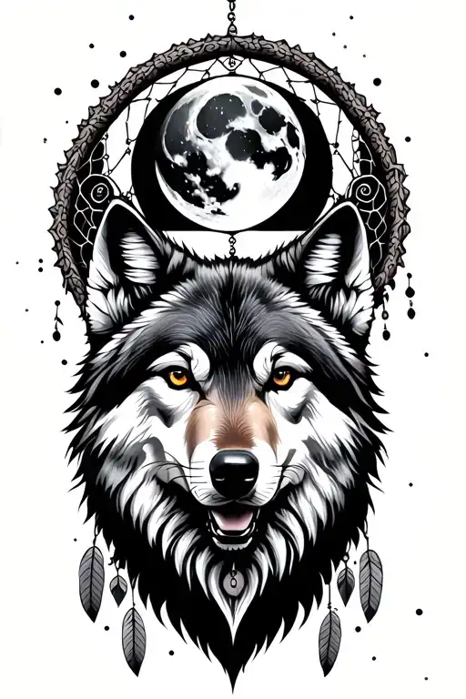 wolf with dreamcatcher behind it with full moon tattoo design idea