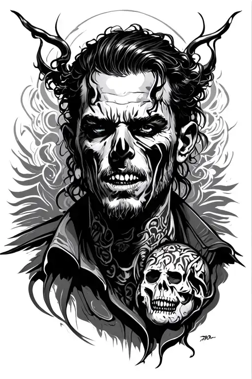 a intense black and white illustration of a man who is infected with the hells paradise tattoo desease tattoo design idea