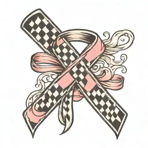 cancer ribbon with checkered race flag behind it tattoo design idea