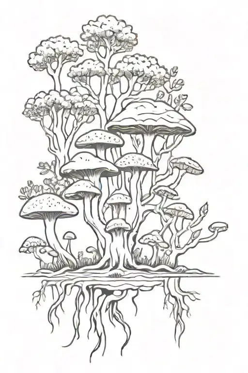 side view living soil with roots and worms and trees and mushrooms above tattoo design idea