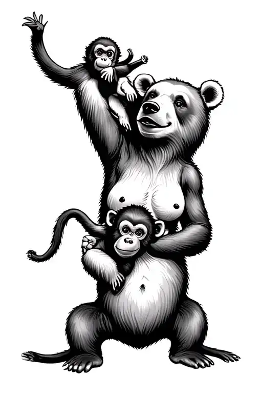 mama bear holding a baby monkey in her arms raised tattoo design idea
