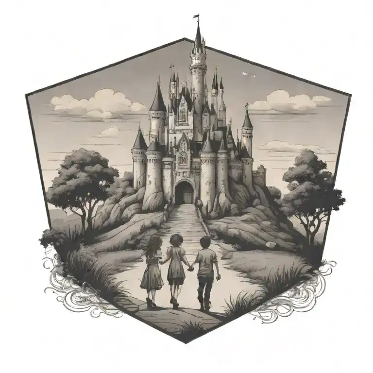 Disney castle on a hill with a boy and girl holding hands walking towards it tattoo design idea
