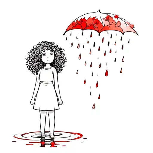 a girl with curly hair standing in the red rain fine line rain with autumn leaves in a puddle  tattoo design idea