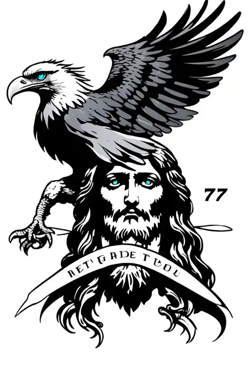 "777" eagle with blue eye and an image below with the face of Jesus tattoo design idea