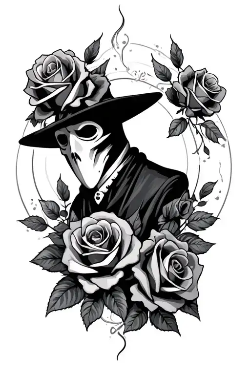 plague doctor realism with roses tattoo design idea