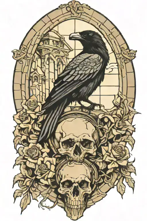Raven on skull church window tattoo design idea