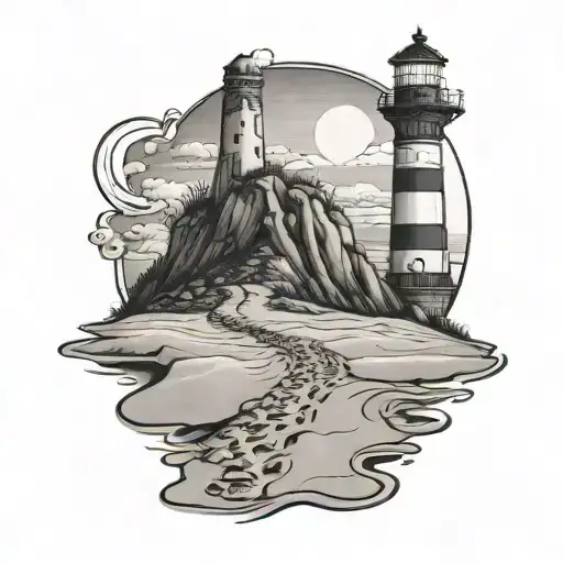 lighthouse overlooking sandy beach with footprints in the sand tattoo design idea