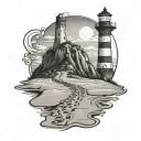 lighthouse overlooking sandy beach with footprints in the sand tattoo design idea