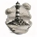lighthouse overlooking sandy beach with footprints in the sand tattoo design idea