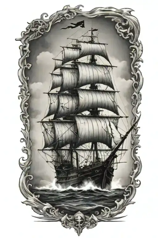 black flag pirate ship sailing through a sea tattoo design idea