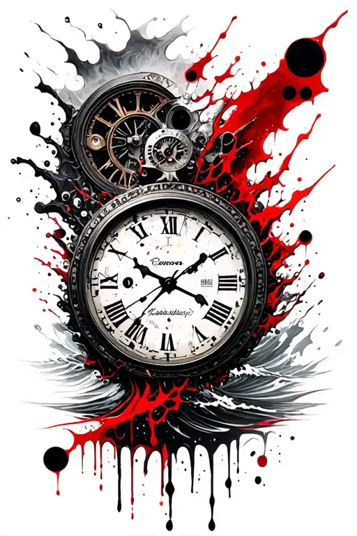 ocean waves and mechanical clock melting tattoo design idea