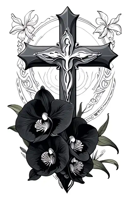 Nautic letter with black orchids and the cross of God tattoo design idea