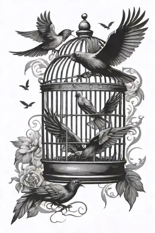 birds flying out of a cage tattoo design idea