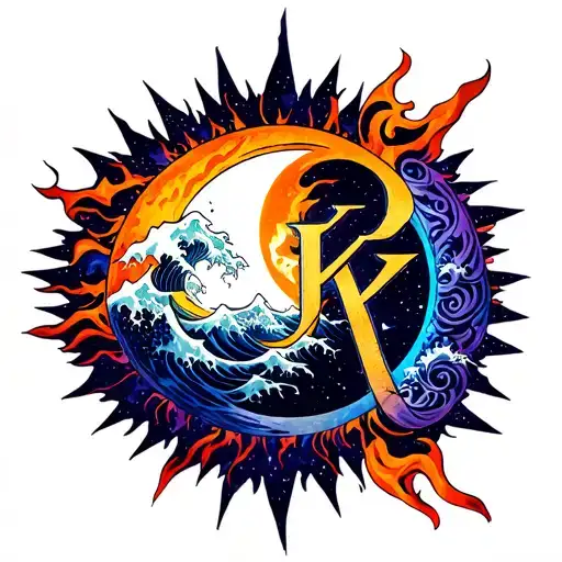 A stunning neo-traditional Japanese tattoo sleeve design, featuring a massive galactic sun with sharp tribal rays (some as jagged blades, others as flowing flames), its core morphing into the intertwined letters L and K (styled like molten kanji). A crescent moon with ukiyo-e wave patterns and Polynesian tribal etchings wraps around the sun, creating a yin-yang balance. Explosive nebula colors (electric orange, neon purple, deep metallic blue) burst from the sun, blending with a black hole background filled with tiny stars shaped like kanji (愛, 光). tattoo design idea