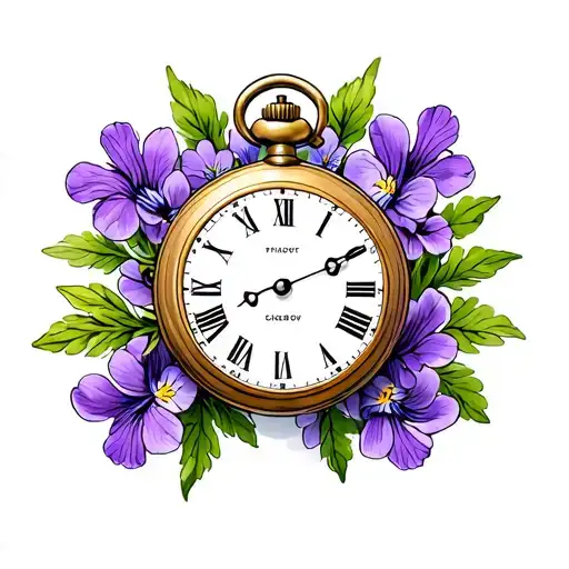 pocket watch surrounded wtih purple primrose flowers tattoo design idea