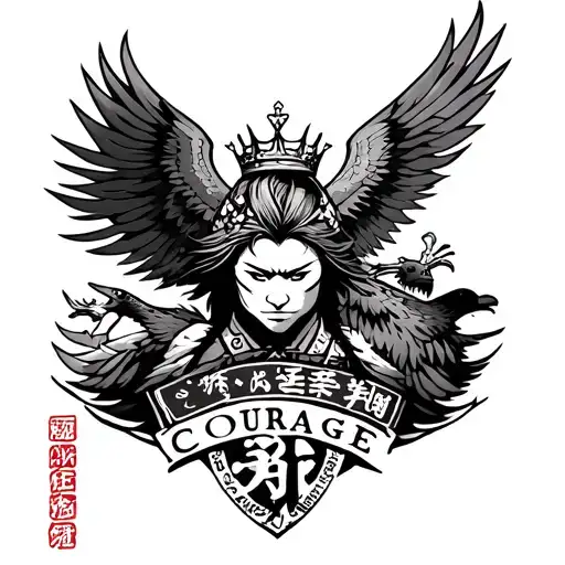 samura warrior and ninja and eagle and crown and Japanese words of courage  tattoo design idea
